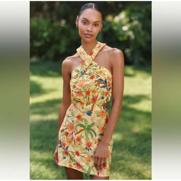 FARM Rio Dresses & Skirts - Farm Rio x Anthropologie Yellow Tropical Jungle Halter Mini Dress Size M NWT